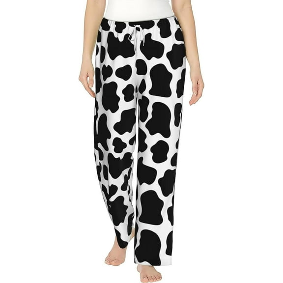 PISONIC Milk Cow Skin Pattern Printed Women's Pajama Pants, Comfy Pajama Bottoms With Pockets&Drawstring