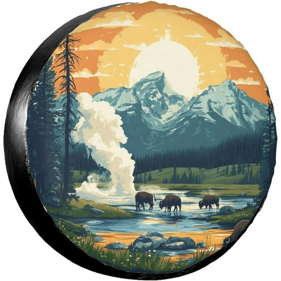 PISONIC Mountain And Woods Spare Tire Cover Weatherproof Universal Wheel Protectors for RV Camper Travel Trailer SUV Truck 14 inch