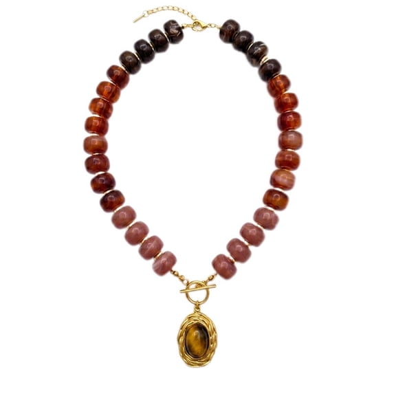 PISONIC Multi-Color Gradient Resin Beaded Choker Necklace for Women, 18K Gold Plated Stainless Steel OT Toggle Clasp Pendant Collarbone Jewelry, Niche Luxury Vacation Statement Necklaces