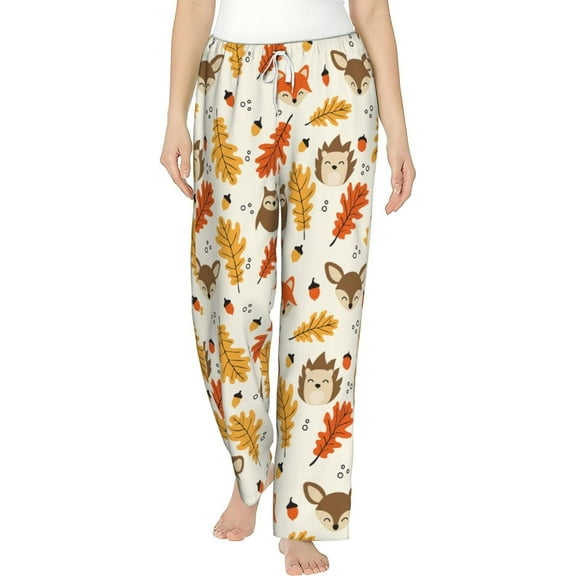 PISONIC Oak Leaves and Cute Forest Animals Printed Women's Pajama Pants, Comfy Pajama Bottoms With Pockets&Drawstring
