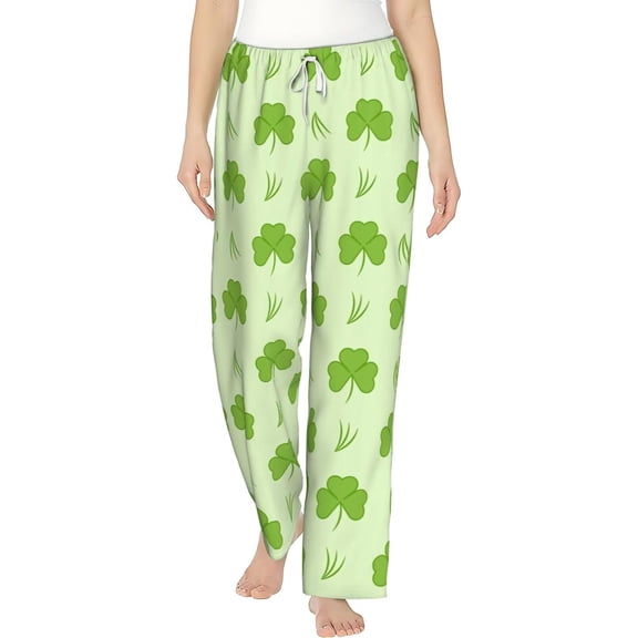 PISONIC Pattern of Shamrock Printed Women's Pajama Pants, Comfy Pajama Bottoms With Pockets&Drawstring
