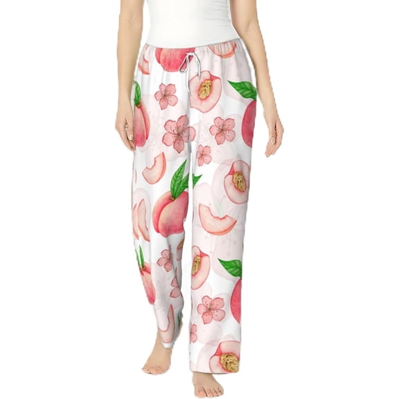 PISONIC Peach Fruit Printed Women's Pajama Pants, Comfy Pajama Bottoms With Pockets&Drawstring