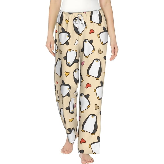 PISONIC Penguin and Heart Printed Women's Pajama Pants, Comfy Pajama Bottoms With Pockets&Drawstring