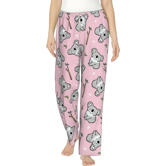 PISONIC Pink Cartoon Koala Printed Women's Pajama Pants, Comfy Pajama Bottoms With Pockets&Drawstring