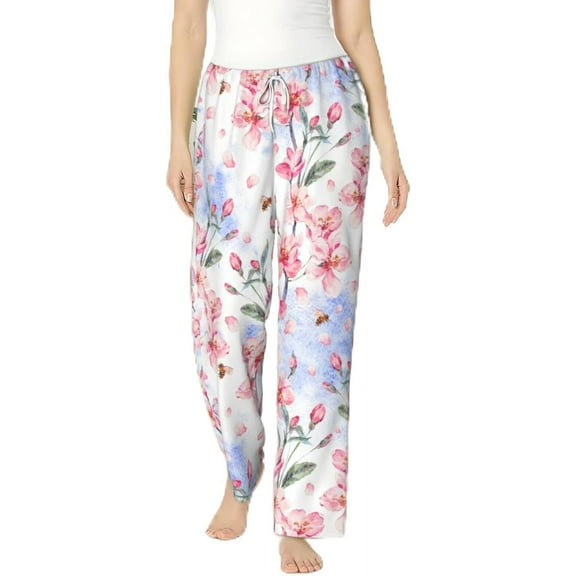 PISONIC Pink Flowers Blooming Branches Printed Women's Pajama Pants, Comfy Pajama Bottoms With Pockets&Drawstring