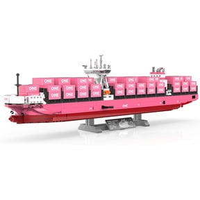 PISONIC Pink ONE Container Cargo Ship Building Blocks Model, Large Freighter Vessel DIY Assembly Brick Kit with Display Stand, Highly Detailed Maritime Collectible Decor Gift for Adult Hobbyists