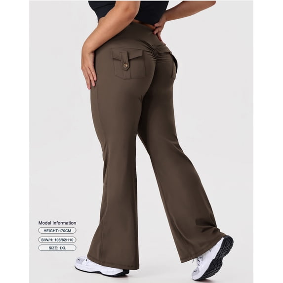 PISONIC Plus Size Flare Leggings for Women with Pockets High Waist Yoga Pants Bootcut Bell Bottom Workout