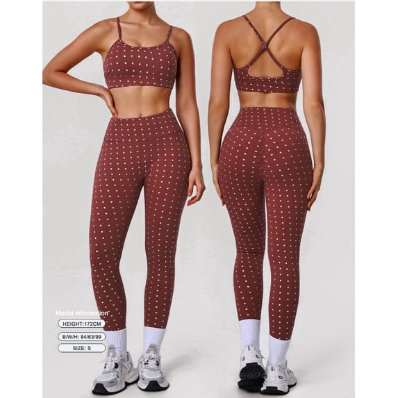 PISONIC Polka Point Workout Sets for Women 2 Piece Spaghetti Straps Cross Back Sports Bra Matching High Waist Legging Gym Yoga Pilates Outfits