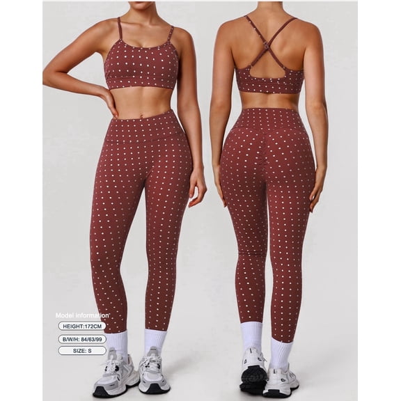 PISONIC Polka Point Workout Sets for Women 2 Piece Spaghetti Straps Cross Back Sports Bra Matching High Waist Legging Gym Yoga Pilates Outfits
