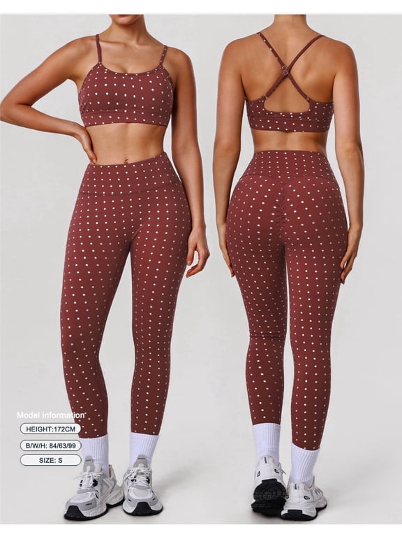 Polka Point Workout Sets for Women 2 Piece Spaghetti Straps Cross Back Sports Bra Matching High Waist Legging Gym Yoga Pilates Outfits
