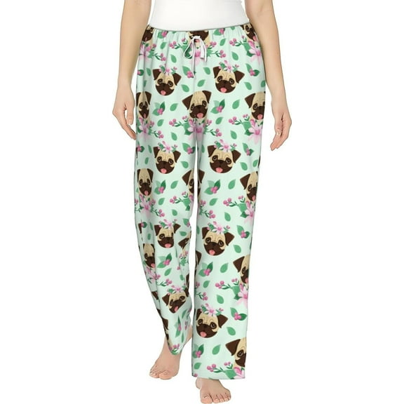 PISONIC Pug and Flowers Printed Women's Pajama Pants, Comfy Pajama Bottoms With Pockets&Drawstring