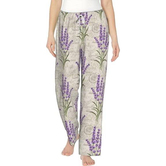 PISONIC Purple Flower Printed Women's Pajama Pants, Comfy Pajama Bottoms With Pockets&Drawstring