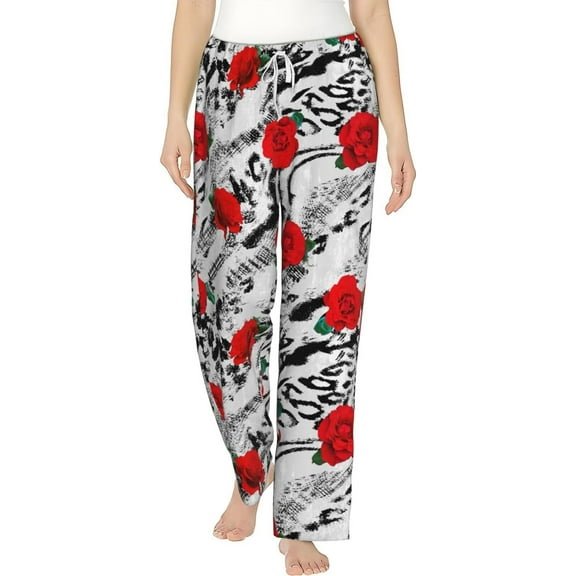 PISONIC Real Roses With Leopard Printed Women's Pajama Pants, Comfy Pajama Bottoms With Pockets&Drawstring