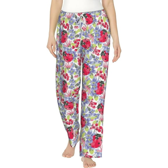 PISONIC Red Ladybug Purple Flowers Printed Women's Pajama Pants, Comfy Pajama Bottoms With Pockets&Drawstring