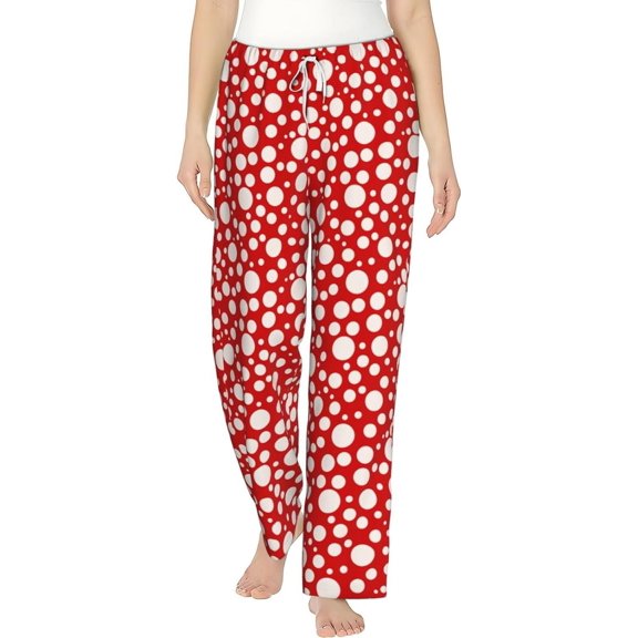 PISONIC Red Polka Dots Printed Women's Pajama Pants, Comfy Pajama Bottoms With Pockets&Drawstring