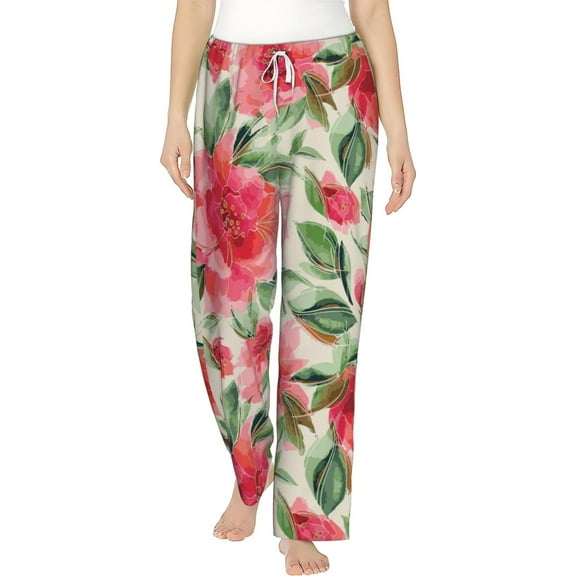 PISONIC Roses Flower Printed Women's Pajama Pants, Comfy Pajama Bottoms With Pockets&Drawstring