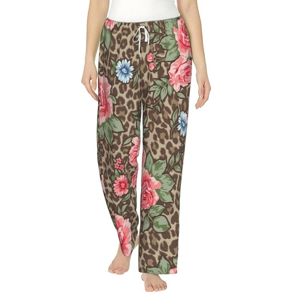 PISONIC Roses Over Animal Printed Women's Pajama Pants, Comfy Pajama Bottoms With Pockets&Drawstring