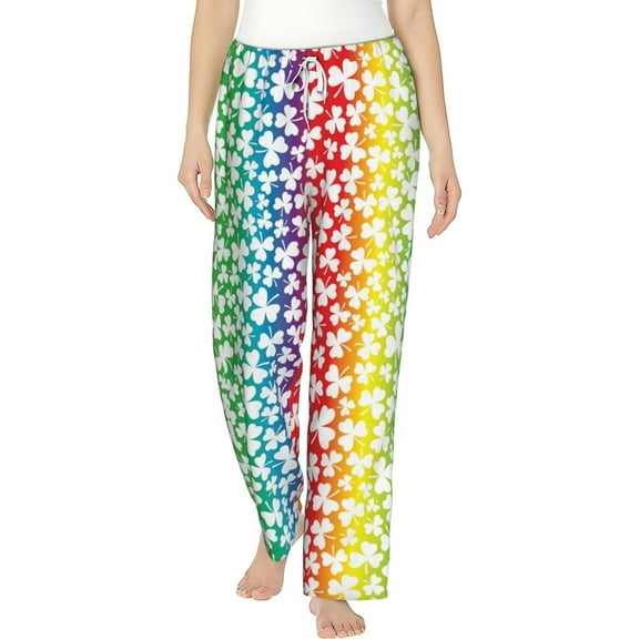 PISONIC Shamrocks on Rainbow Printed Women's Pajama Pants, Comfy Pajama Bottoms With Pockets&Drawstring