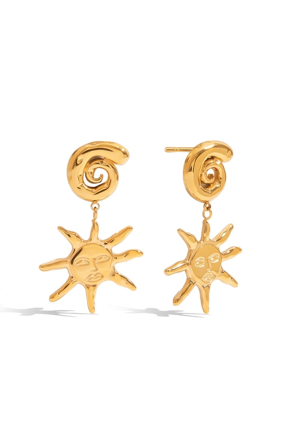 Simple Stainless Steel 18K Gold Plated Sun Charm Pendant Earring for Women