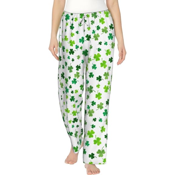 PISONIC St Patrick's Day Clover Printed Women's Pajama Pants, Comfy Pajama Bottoms With Pockets&Drawstring