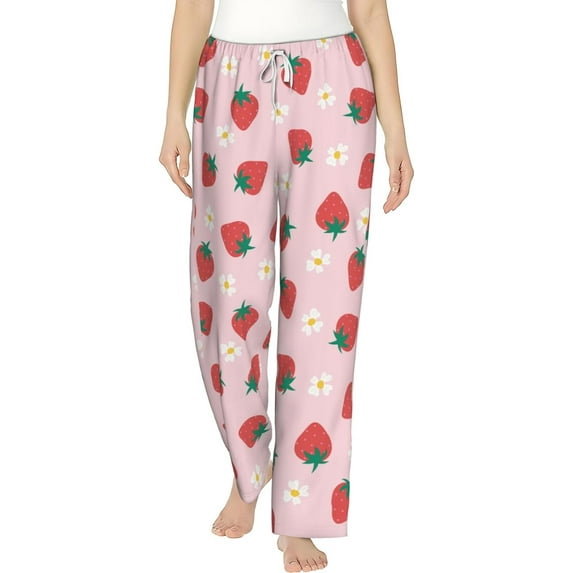 PISONIC Strawberry Flowers Printed Women's Pajama Pants, Comfy Pajama Bottoms With Pockets&Drawstring