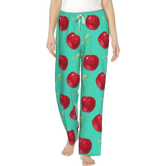 PISONIC Summer Cherry Printed Women's Pajama Pants, Comfy Pajama Bottoms With Pockets&Drawstring
