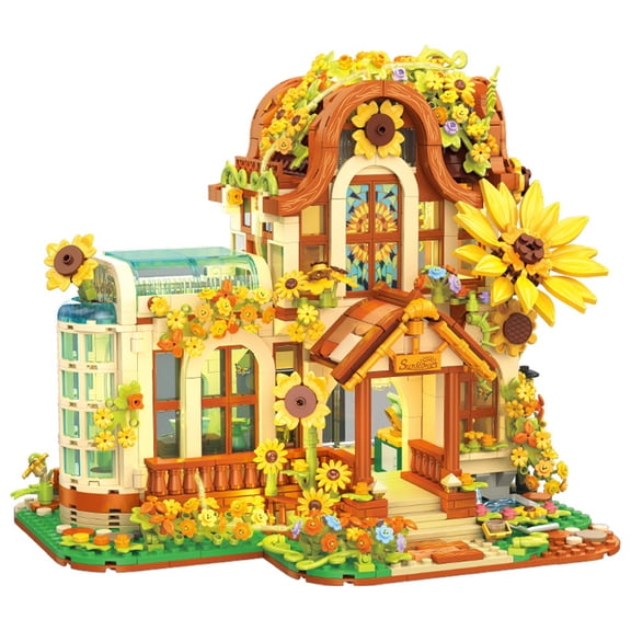 PISONIC Sunflower Florist Building Blocks House with LED Lights, DIY Creative Flower Shop Model Kit, MOC Botanical Street View Architecture Bricks Set, Ideal Decor & Gift for Adults