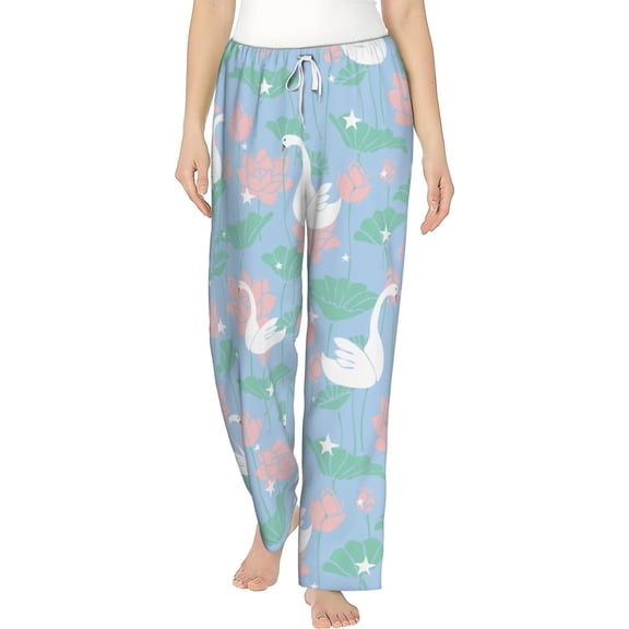 PISONIC Swans and Lotus Flower Printed Women's Pajama Pants, Comfy Pajama Bottoms With Pockets&Drawstring