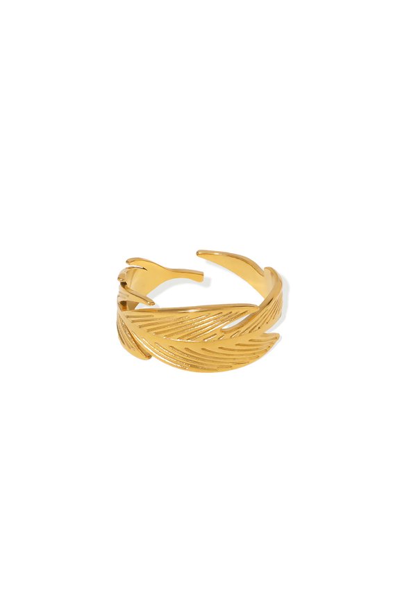 Textured Feather Open Adjustable Cuff Ring for Women, 18K Gold Plated Tarnish Resistant Stainless Steel Minimalist Nature Inspired Stackable Finger Jewelry