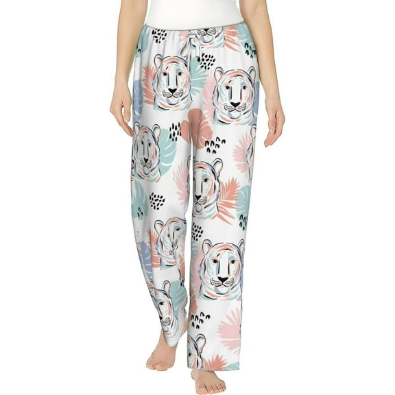 PISONIC Tigers Palm Leaves Printed Women's Pajama Pants, Comfy Pajama Bottoms With Pockets&Drawstring