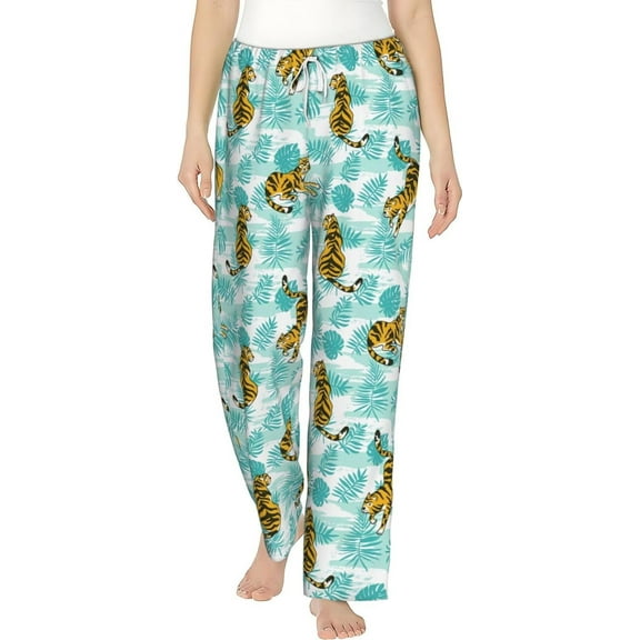 PISONIC Tigers and Palm Leaves Printed Women's Pajama Pants, Comfy Pajama Bottoms With Pockets&Drawstring
