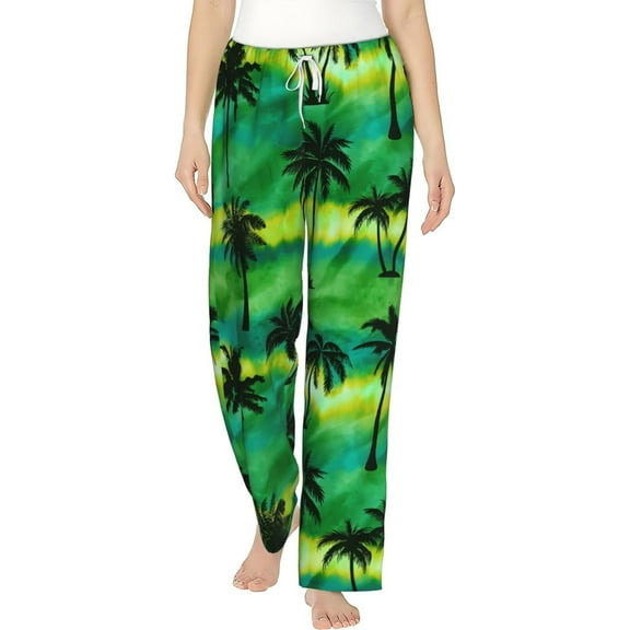 PISONIC Tropical Palm Coconut Trees Printed Women's Pajama Pants, Comfy Pajama Bottoms With Pockets&Drawstring