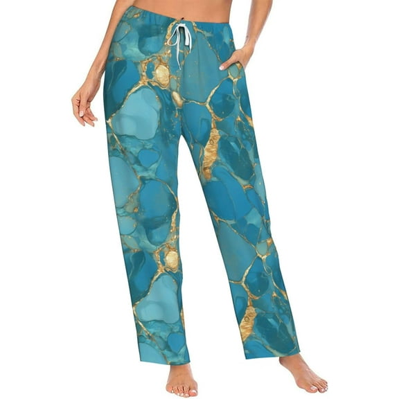 PISONIC Turquoise Marble With Gold Printed Women's Pajama Pants, Comfy Pajama Bottoms With Pockets&Drawstring