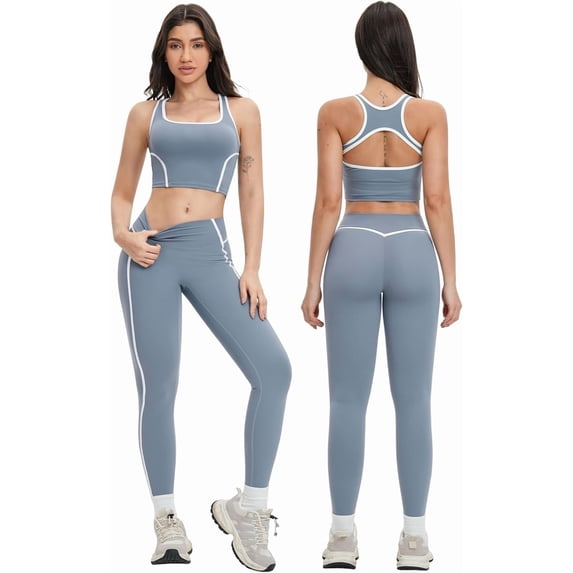 PISONIC Two Piece Womens Workout Set Backless Color Block Tank Tops Matching High Waist Leggings Gym Work Out Outfits