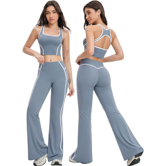 PISONIC Two Piece Womens Workout Set Backless Color Block Tank Tops Matching High Waist Wide Leg Leggings Gym Work Out Outfits