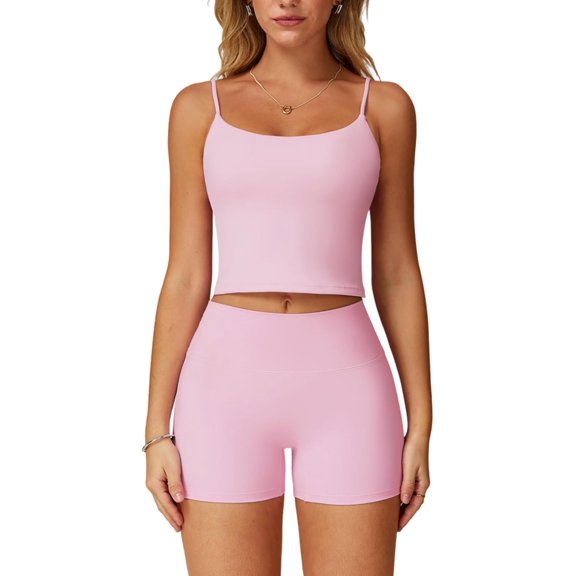 PISONIC Two Piece Workout Sets For Women Spaghetti Straps Tank Top and High Waist Booty Lifting Shorts Gym Yoga Active Outfits