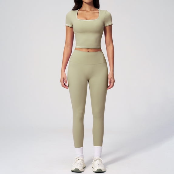 PISONIC Two Piece Workout Sets for Women Color Block Short Sleeve Tee and High Waist Leggings Gym Yoga Active Wear Outfits