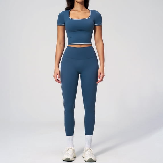 PISONIC Two Piece Workout Sets for Women Color Block Short Sleeve Tee and High Waist Leggings Gym Yoga Active Wear Outfits