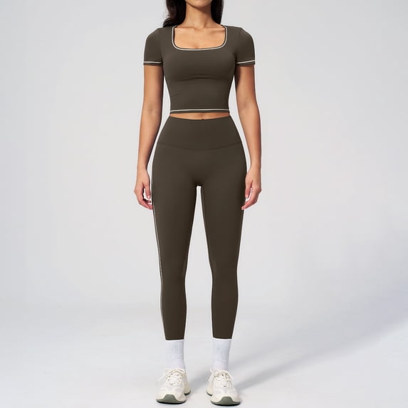 PISONIC Two Piece Workout Sets for Women Color Block Short Sleeve Tee and High Waist Leggings Gym Yoga Active Wear Outfits