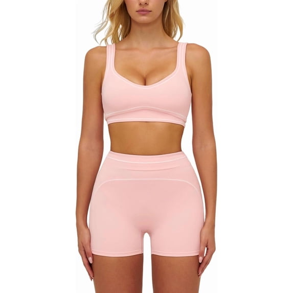 PISONIC Two Piece Workout Sets for Women Color Block Sports Bra and High Waist Shorts Gym Yoga Active Wear Outfits