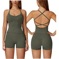 PISONIC Two Piece Workout Sets for Women Criss Cross Tank Top Matching V Cut Shorts Gym Yoga Active Wear Outfits with Pocket