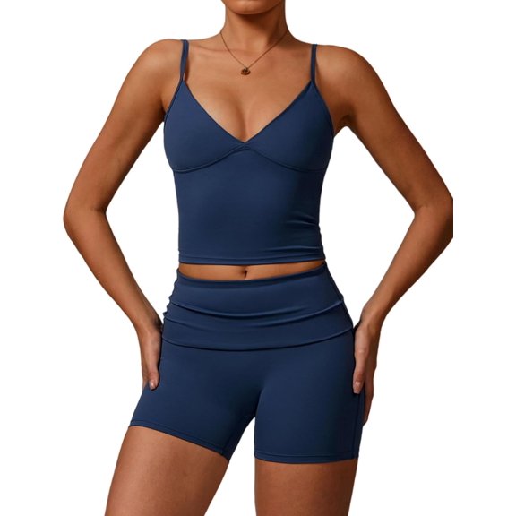 PISONIC Two Pieces Workout Sets For Women Tank Top Matching High Waist Tummy Control Shorts Gym Yoga Active Wear Outfits