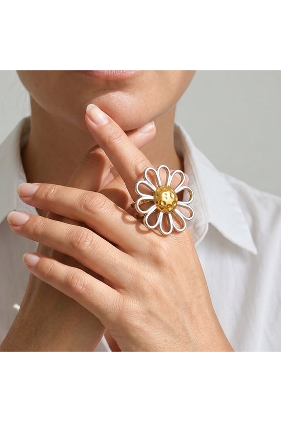 Two-Tone Hollow Flower Open Statement Ring for Women, Tarnish Resistant Stainless Steel Adjustable Retro Daisy Floral Finger Jewelry