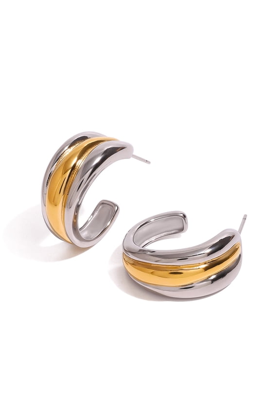 Two Tone Huggie Hoop Earrings for Women, Dainty 18K Gold and Silver Mixed Metal C Shaped Hoops, Small Multi Statement Geometric Earrings, Plain High Polish Non Tarnish Jewelry Gifts