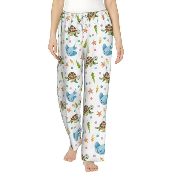 PISONIC Underwater Turtle Printed Women's Pajama Pants, Comfy Pajama Bottoms With Pockets&Drawstring