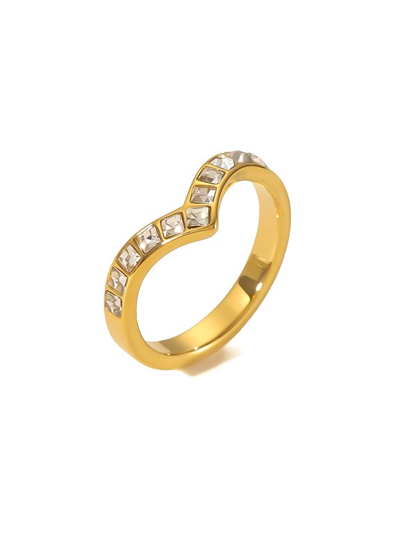 V-Shaped Pave Square CZ Thin Band Ring for Women, 18K Gold Plated Tarnish Resistant Stainless Steel Minimal Niche Stackable Finger Jewelry