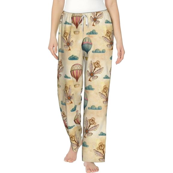 PISONIC Vintage Air Balloons Printed Women's Pajama Pants, Comfy Pajama Bottoms With Pockets&Drawstring