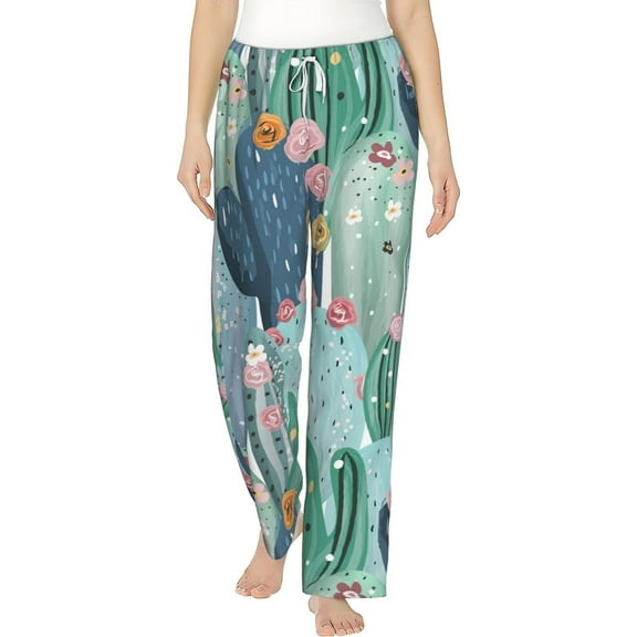 PISONIC Vintage Cactus Printed Women's Pajama Pants, Comfy Pajama Bottoms With Pockets&Drawstring