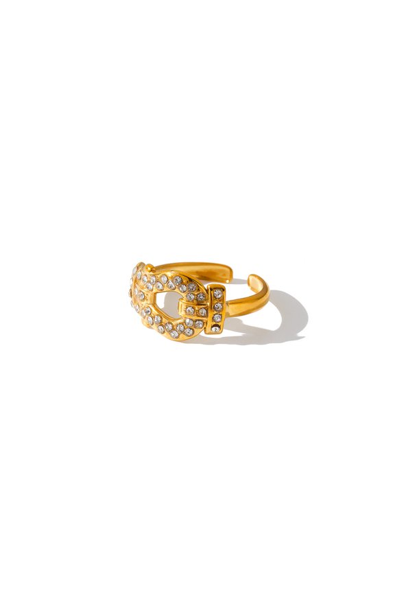 Vintage Hollow Buckle Rhinestone Open Cuff Ring for Women, 18K Gold Plated Tarnish Resistant Stainless Steel Geometric Adjustable Luxury Statement Finger Jewelry