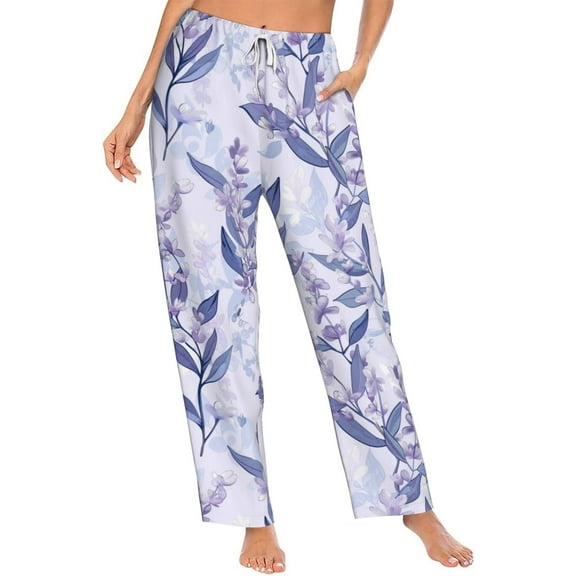 PISONIC Vintage Lavender Florals Ornament Printed Women's Pajama Pants, Comfy Pajama Bottoms With Pockets&Drawstring